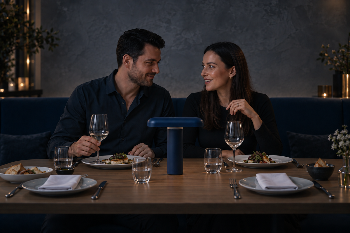 Two guests seated together with an unlit navy table lamp between them