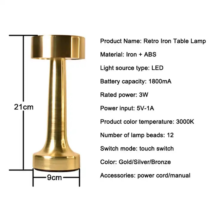 Portable Cordless Rechargeable Metal Led table lamp for Restaurant Hotel Bar Home