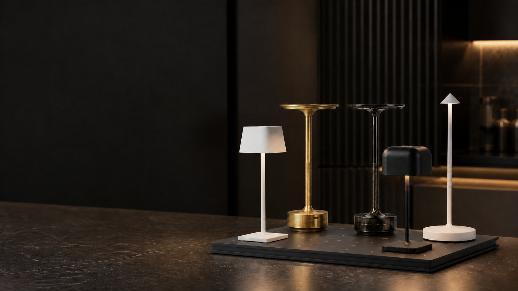 Centralized charging station with compatible cordless table lamps for restaurant and hotel operations