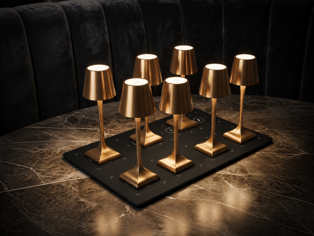 Eight cordless table lamps arranged on a commercial charging platform