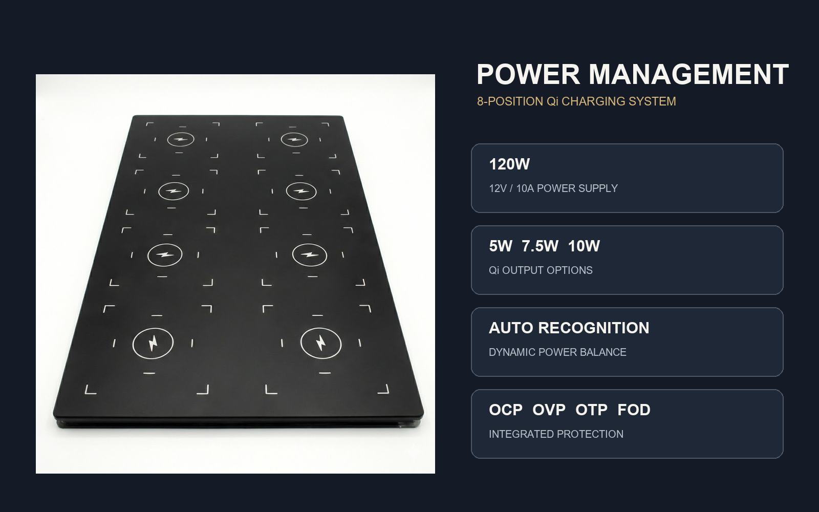 Eight-position Qi charging station with 120W power supply automatic recognition and integrated protection