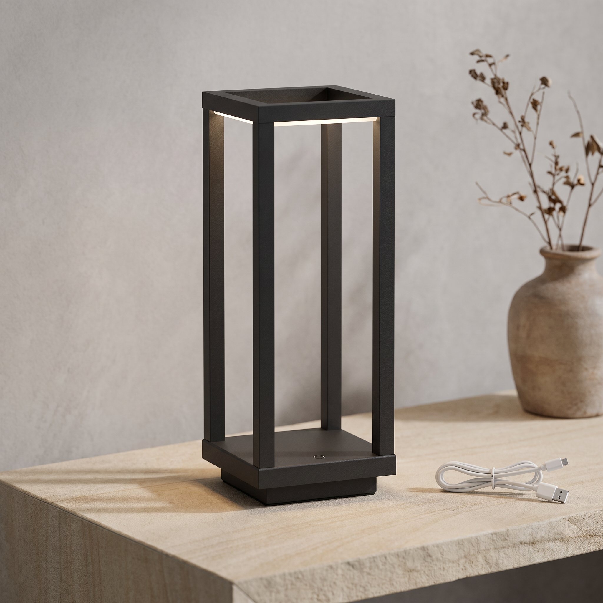 Modern Metal Cage Lantern Touch Dimmable Cordless Rechargeable Outdoor Patio Garden Restaurant Ambient LED Table Lamp