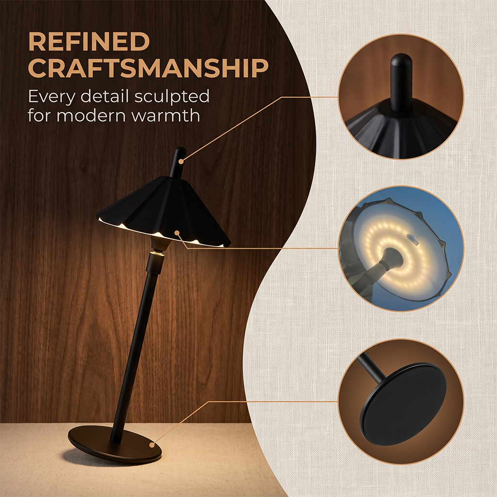 Vintage Umbrella Shade Metal Touch Dimmable Cordless Rechargeable Outdoor Patio Garden Dining Ambient LED Table Lamp