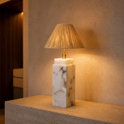 Rechargeable Bulb Marble Column Table Lamp with Fabric Shade and Remote Dimming