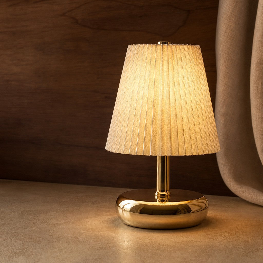 Rechargeable Pleated Fabric Shade Table Lamp with 3CCT Touch Dimming for Restaurants