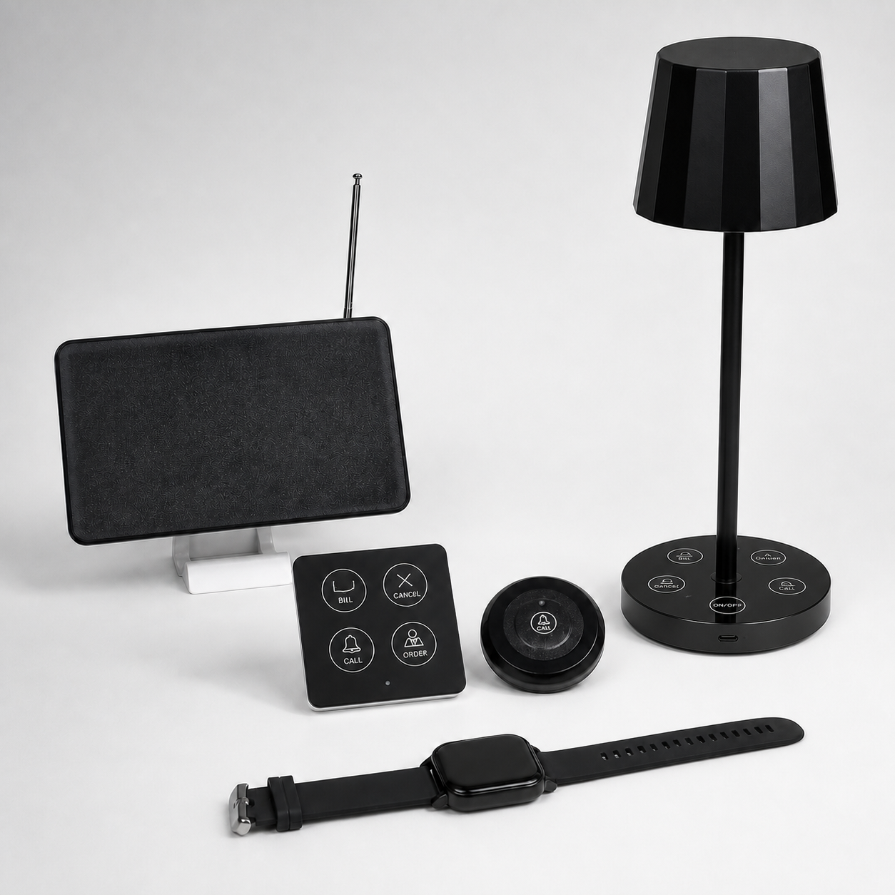 Rechargeable Restaurant Waiter Call Table Lamp System with Display and Watch Receivers