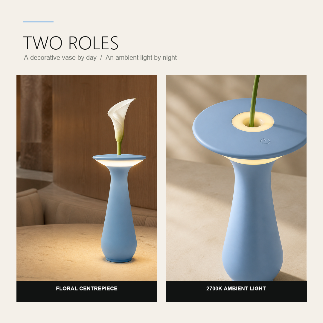 VASE SHAPED 2W CORDLESS TABLE LAMP WITH TOUCH DIMMING AND FLOWER HOLDER