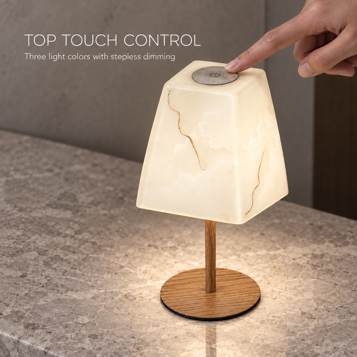 Marble-Pattern Glass Rechargeable Table Lamp with 3-Color Stepless Touch Dimming