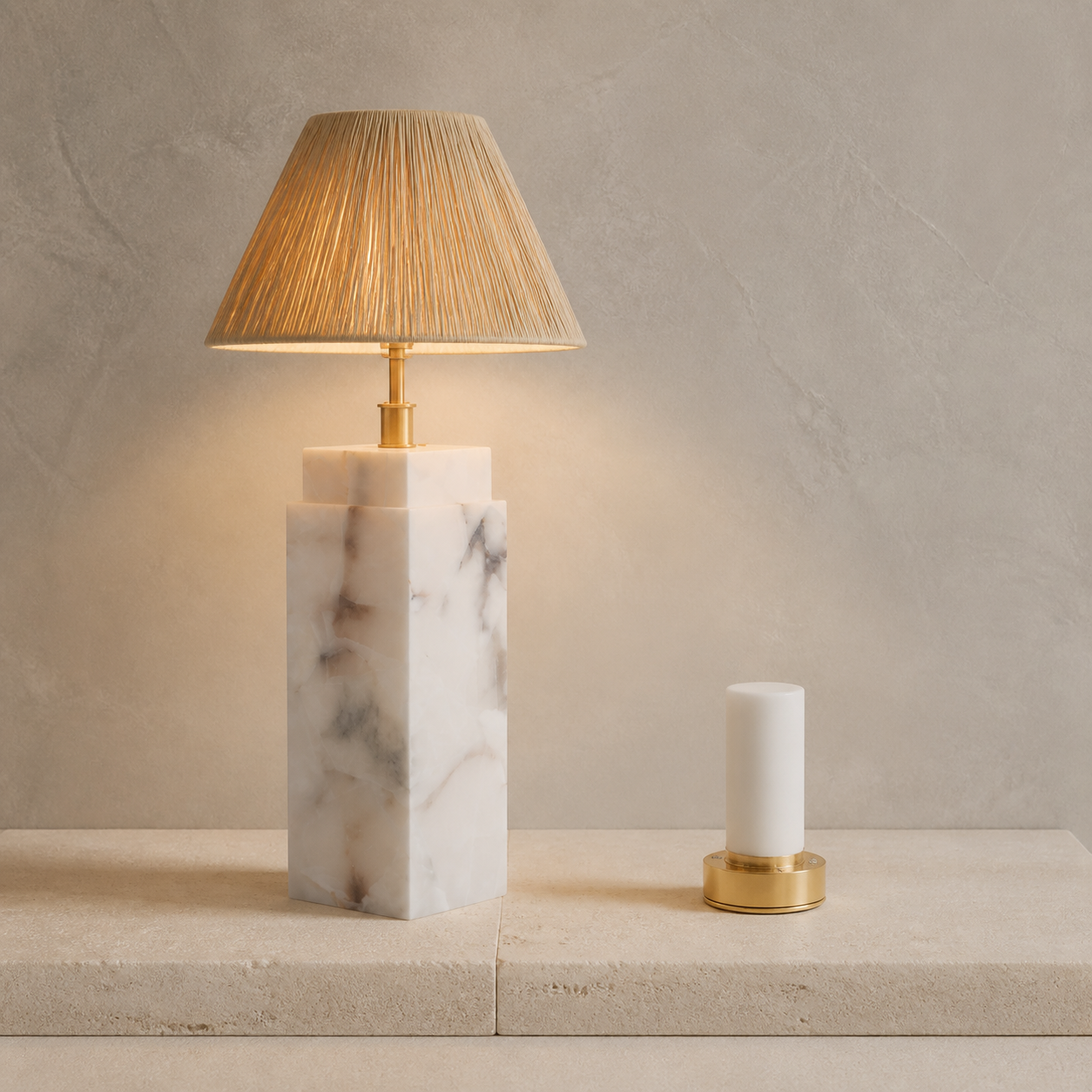 Rechargeable Bulb Marble Column Table Lamp with Fabric Shade and Remote Dimming