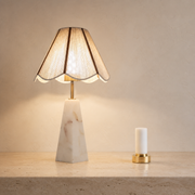 Rechargeable Bulb Table Lamp with Marble Base, Fabric Shade and Remote Dimming