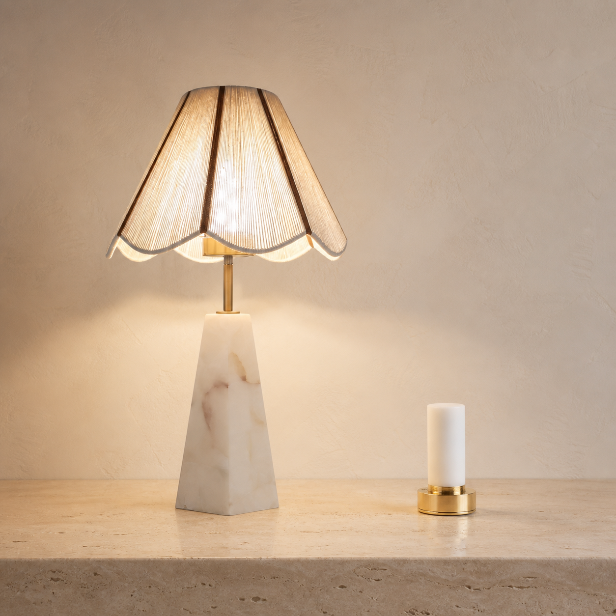 Rechargeable Bulb Table Lamp with Marble Base, Fabric Shade and Remote Dimming