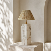 Rechargeable Bulb Marble Column Table Lamp with Fabric Shade and Remote Dimming