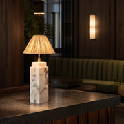 Rechargeable Bulb Marble Column Table Lamp with Fabric Shade and Remote Dimming