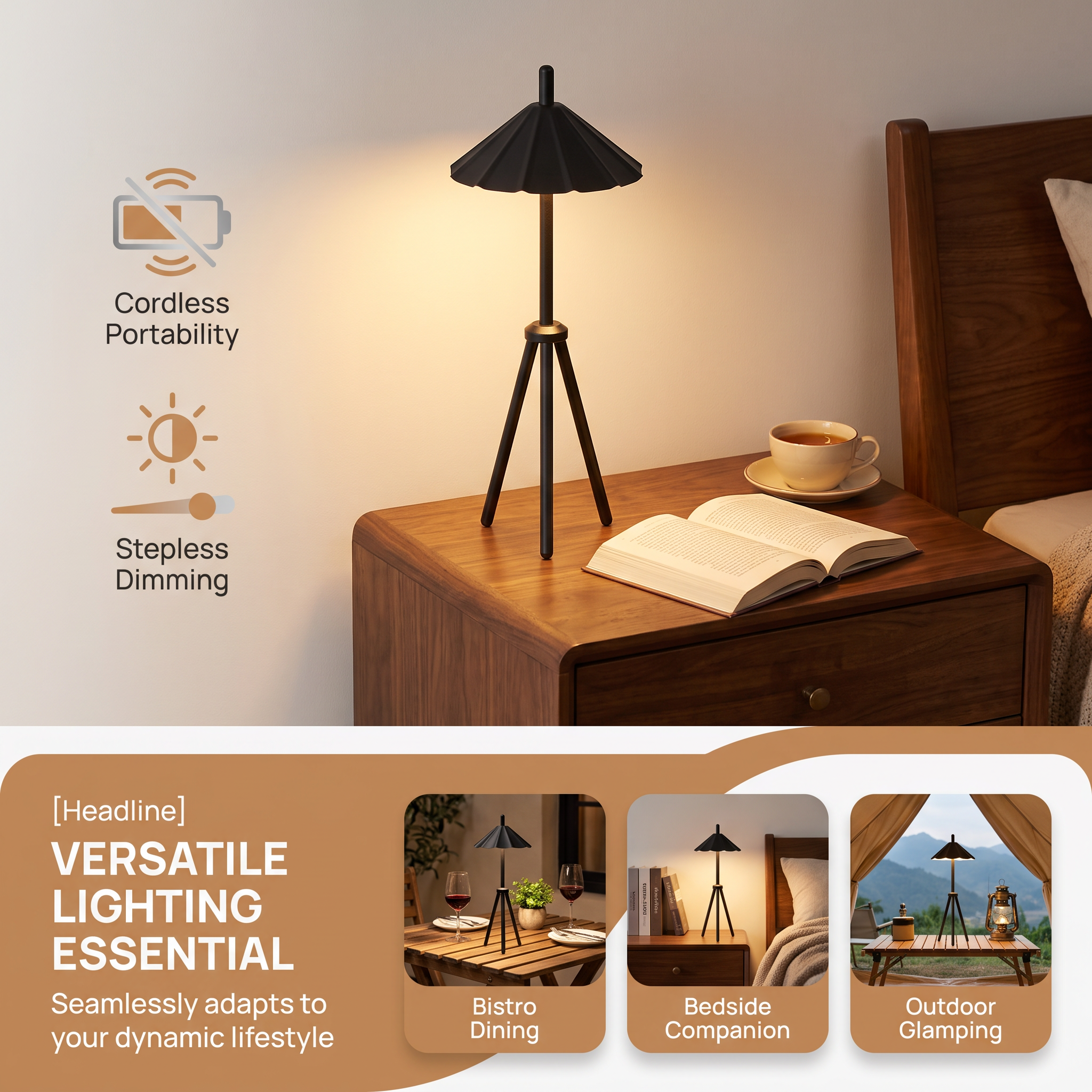 Nordic Minimalist Foldable Tripod Lamp Aluminum Umbrella Shade Touch Sensor Cordless Battery Powered Bedside LED Table Light