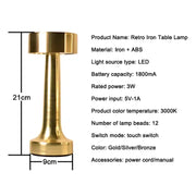 Portable Cordless Rechargeable Metal Led table lamp for Restaurant Hotel Bar Home