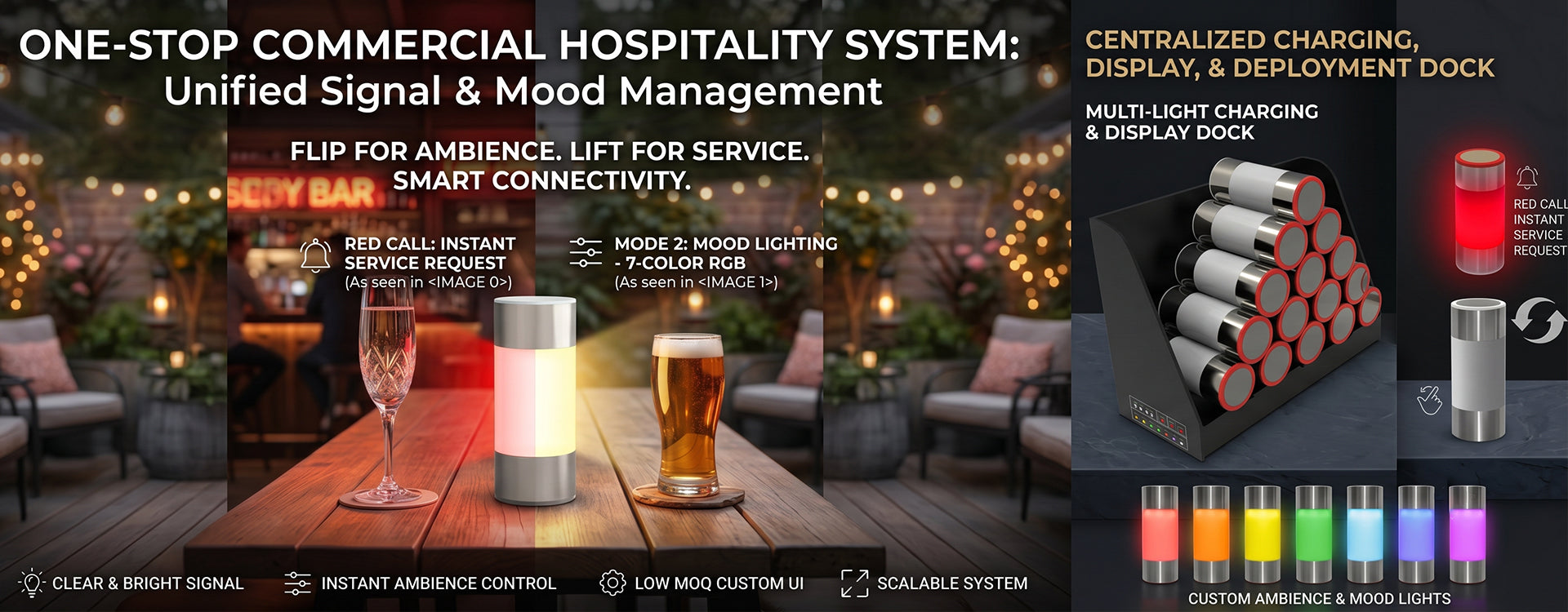 Jianbian commercial hospitality cordless lamp system with service signal, mood lighting and centralized charging
